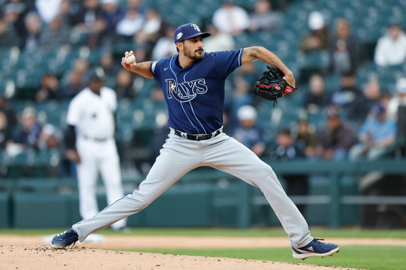 Apr 28, 2023; Chicago, Illinois, USA; Tampa Bay Rays starting pitcher Zach Eflin (24) delivers against the Chicago White Sox during the first inning at Guaranteed Rate Field. Mandatory Credit: Kamil Krzaczynski-USA TODAY Sports