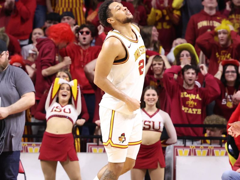 Mar 4, 2025; Ames, Iowa, USA; Iowa State Cyclones forward Joshua Jefferson (2) reacts after missing a crucial bucket against the Brigham Young Cougars during the second half at James H. Hilton Coliseum. Mandatory Credit: Reese Strickland-Imagn Images