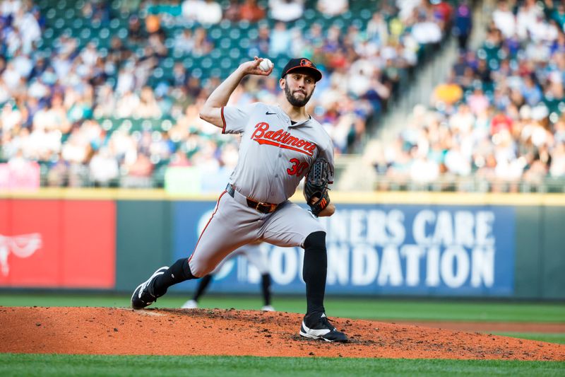 Jul 2, 2024; Seattle, Washington, USA; Baltimore Orioles starting pitcher Grayson Rodriguez (30) throws against the Seattle Mariners during the fifth inning at T-Mobile Park. Mandatory Credit: Joe Nicholson-USA TODAY Sports