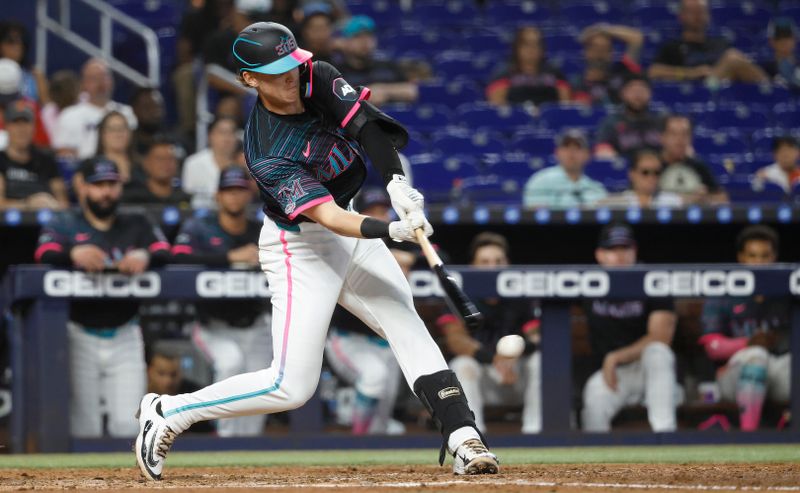 May 31, 2025; Miami, Florida, USA;  Miami Marlins second baseman Jack Winkler (63) at bat against the San Francisco Giants during the fifth inning at loanDepot Park. Mandatory Credit: Rhona Wise-Imagn Images