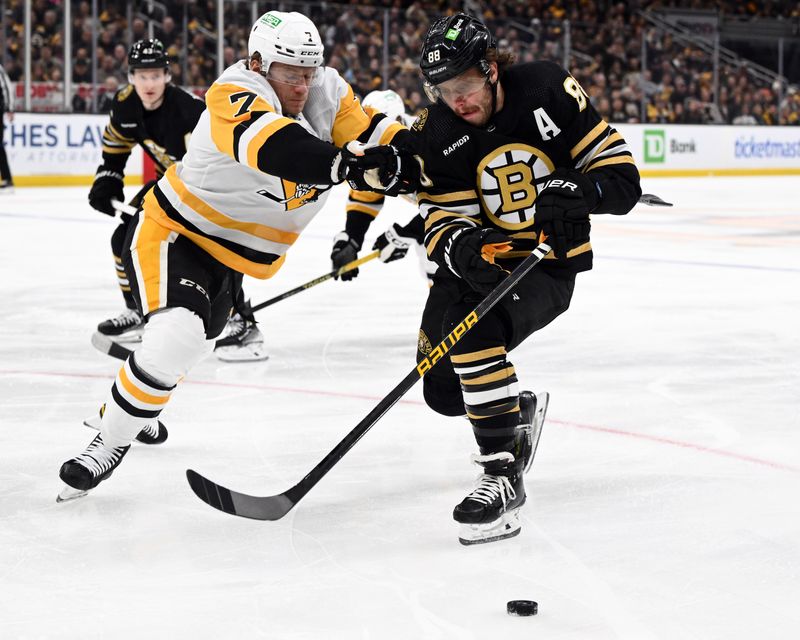 Mar 9, 2024; Boston, Massachusetts, USA; Pittsburgh Penguins defenseman John Ludvig (7) defends Boston Bruins right wing David Pastrnak (88) during the first period at the TD Garden. Mandatory Credit: Brian Fluharty-USA TODAY Sports