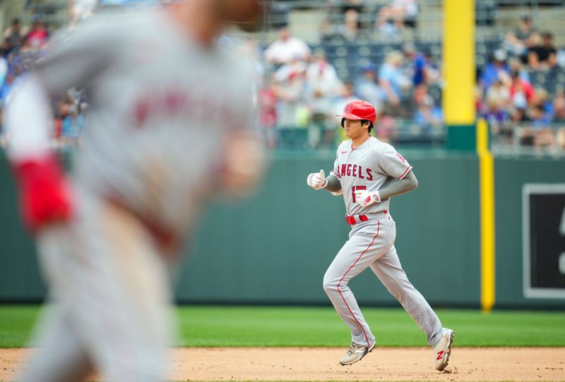Jun 18, 2023; Kansas City, Missouri, USA; Los Angeles Angels designated hitter Shohei Ohtani (17) rounds the bases after hitting a home run during the fifth inning against the Kansas City Royals at Kauffman Stadium. Mandatory Credit: Jay Biggerstaff-USA TODAY Sports
