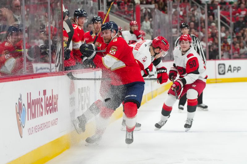 Dec 23, 2025; Raleigh, North Carolina, USA;  Carolina Hurricanes defensemen Joel Nystrom (64) is checked by Florida Panthers center Sam Bennett (9) during the third period at Lenovo Center. Mandatory Credit: James Guillory-Imagn Images