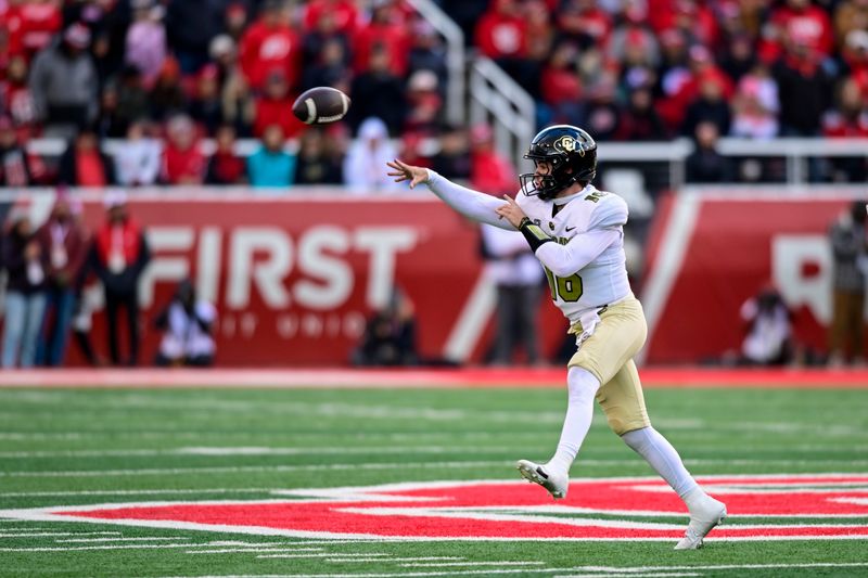 Nov 25, 2023; Salt Lake City, Utah, USA; Colorado Buffaloes quarterback Ryan Staub (16) passes the ball against the Utah Utes at Rice-Eccles Stadium. Mandatory Credit: Christopher Creveling-USA TODAY Sports