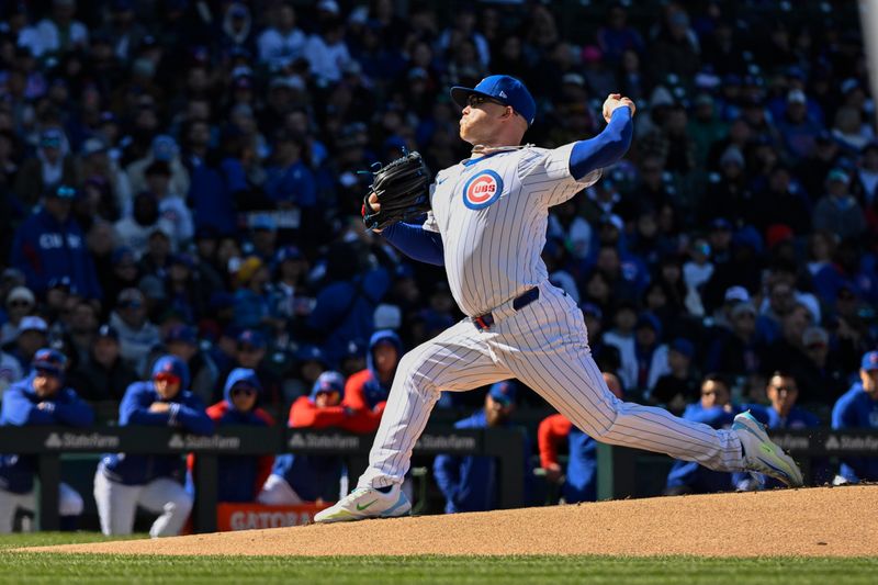 Apr 6, 2024; Chicago, Illinois, USA;  Chicago Cubs pitcher Jordan Wicks (36) delivers during the first inning against the Los Angeles Dodgers at Wrigley Field. Mandatory Credit: Matt Marton-USA TODAY Sports