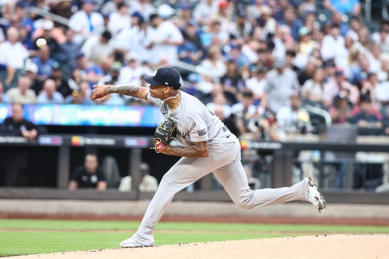 Jun 26, 2024; New York City, New York, USA;  New York Yankees starting pitcher Luis Gil (81) pitches in the first inning against the New York Mets at Citi Field. Mandatory Credit: Wendell Cruz-USA TODAY Sports