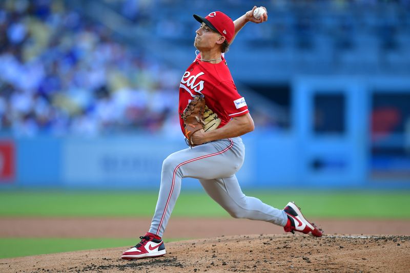 Jul 29, 2023; Los Angeles, California, USA; Cincinnati Reds starting pitcher Luke Weaver (34) throws against the Los Angeles Dodgers during the first inning at Dodger Stadium. Mandatory Credit: Gary A. Vasquez-USA TODAY Sports