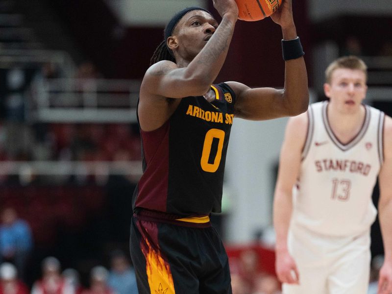 Feb 9, 2023; Stanford, California, USA;  Arizona State Sun Devils guard DJ Horne (0) shoots the ball from the free throw line during the second half against the Stanford Cardinal at Maples Pavilion. Mandatory Credit: Stan Szeto-USA TODAY Sports