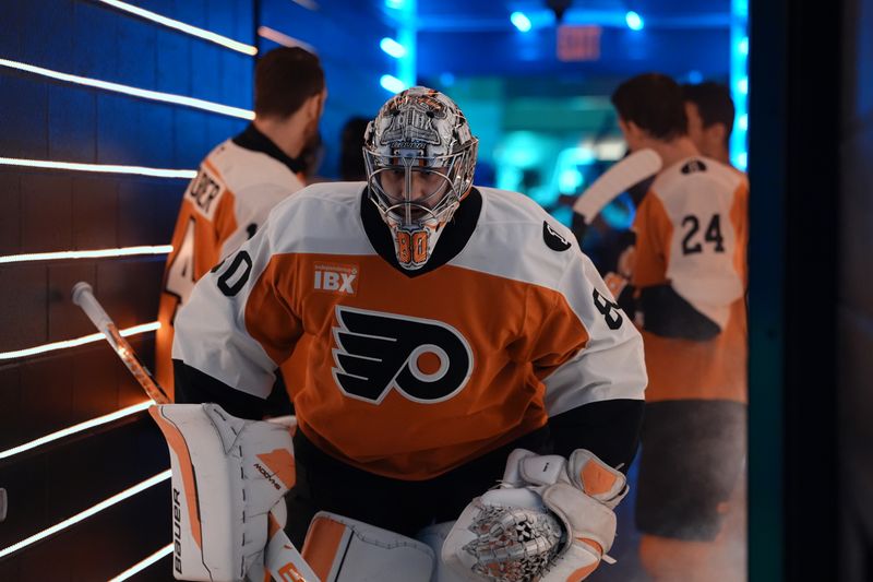 Mar 24, 2026; Philadelphia, Pennsylvania, USA; Philadelphia Flyers goalie Dan Vladar (80) enters the ice before the game against the Columbus Blue Jackets at Xfinity Mobile Arena. Mandatory Credit: Kyle Ross-Imagn Images