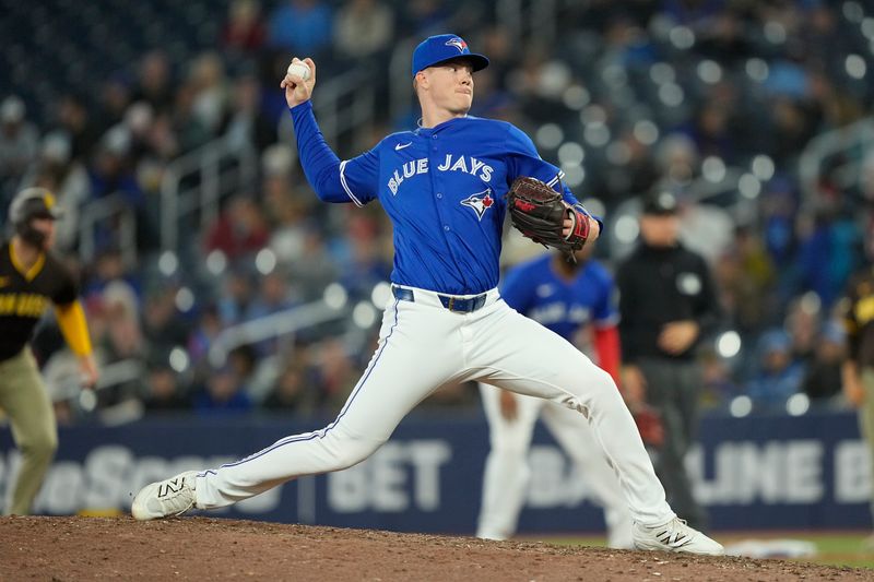 May 22, 2025; Toronto, Ontario, CAN; Toronto Blue Jays pitcher Braydon Fisher (63) pitches to the San Diego Padres  during the eleventh inning at Rogers Centre. Mandatory Credit: John E. Sokolowski-Imagn Images