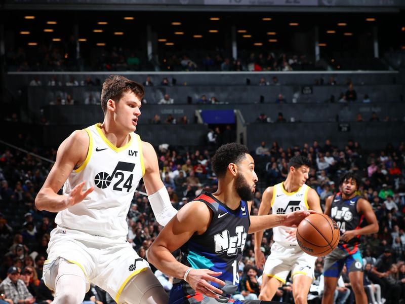 BROOKLYN, NY - JANUARY 29: Ben Simmons #10 of the Brooklyn Nets dribbles the ball during the game against the Utah Jazz on January 29, 2024 at Barclays Center in Brooklyn, New York. NOTE TO USER: User expressly acknowledges and agrees that, by downloading and or using this Photograph, user is consenting to the terms and conditions of the Getty Images License Agreement. Mandatory Copyright Notice: Copyright 2024 NBAE (Photo by David L. Nemec/NBAE via Getty Images)