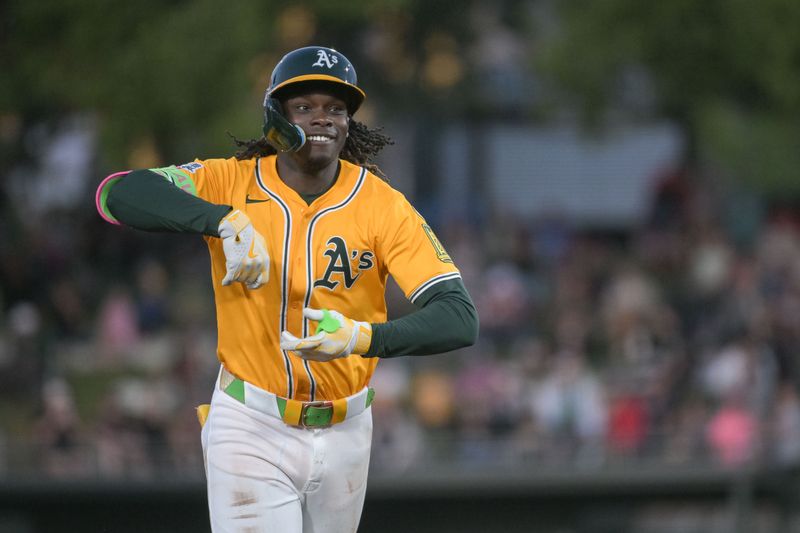 Apr 22, 2025; West Sacramento, California, USA; Athletics outfielder Lawrence Butler (4) motions to his team mates after hitting a home run against the Texas Rangers during the third inning at Sutter Health Park. Mandatory Credit: Ed Szczepanski-Imagn Images