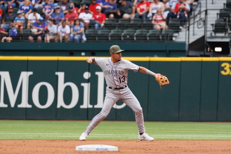 May 21, 2023; Arlington, Texas, USA; Colorado Rockies second baseman Alan Trejo (13) fields a ground ball during the second inning against the Texas Rangers at Globe Life Field. Mandatory Credit: Andrew Dieb-USA TODAY Sports