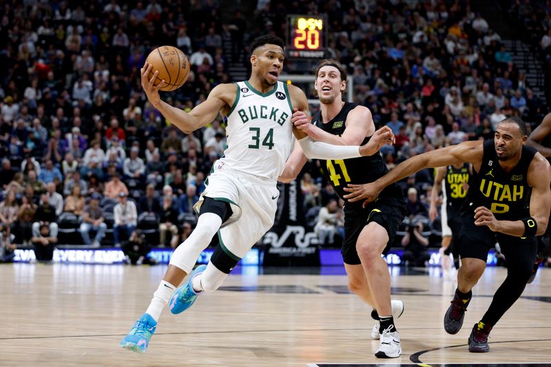 SALT LAKE CITY, UT - MARCH 24: Giannis Antetokounmpo #34 of the Milwaukee Bucks drives to the basket against the Utah Jazz on March 24, 2023 at vivint.SmartHome Arena in Salt Lake City, Utah. NOTE TO USER: User expressly acknowledges and agrees that, by downloading and or using this Photograph, User is consenting to the terms and conditions of the Getty Images License Agreement. Mandatory Copyright Notice: Copyright 2023 NBAE (Photo by Jeff Swinger/NBAE via Getty Images)