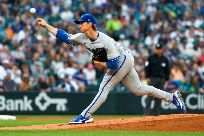 Aug 25, 2023; Seattle, Washington, USA; Kansas City Royals starting pitcher Brady Singer (51) throws against the Seattle Mariners during the first inning at T-Mobile Park. Mandatory Credit: Joe Nicholson-USA TODAY Sports