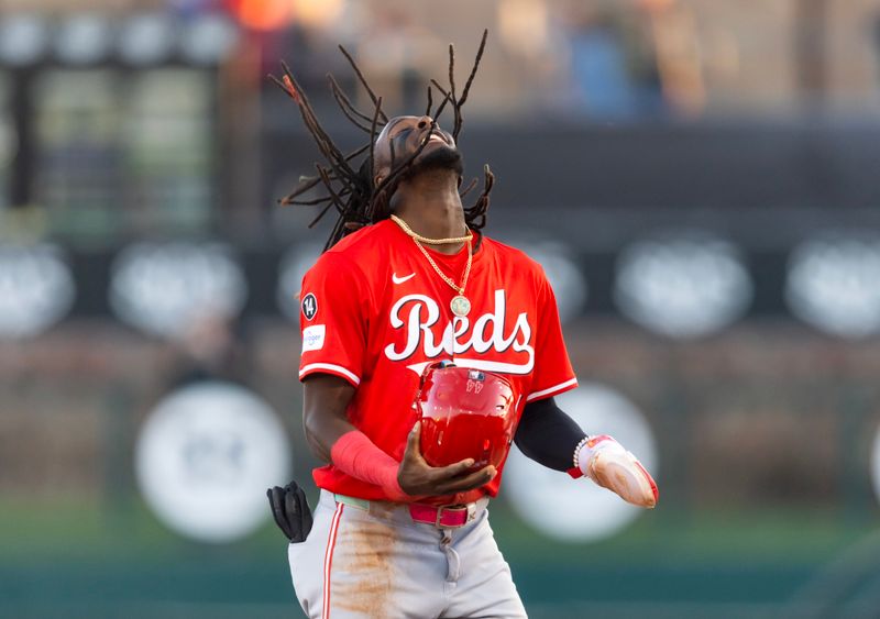 Mar 4, 2025; Phoenix, Arizona, USA; Cincinnati Reds shortstop Elly De La Cruz against the Los Angeles Dodgers during a spring training game at Camelback Ranch-Glendale. Mandatory Credit: Mark J. Rebilas-Imagn Images