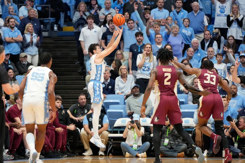 Dec 2, 2023; Chapel Hill, North Carolina, USA;  North Carolina Tar Heels guard Cormac Ryan (3) shoots a three point shot in the first half at Dean E. Smith Center. Mandatory Credit: Bob Donnan-USA TODAY Sports