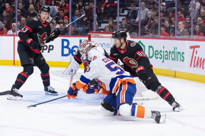 Mar 19, 2026; Ottawa, Ontario, CAN; New York Islanders center Casey Cikikas (53) tries the wraparound on Ottawa Senators goalie James Reimer (47) in the second period at the Canadian Tire Centre. Mandatory Credit: Marc DesRosiers-IMAGN Images
