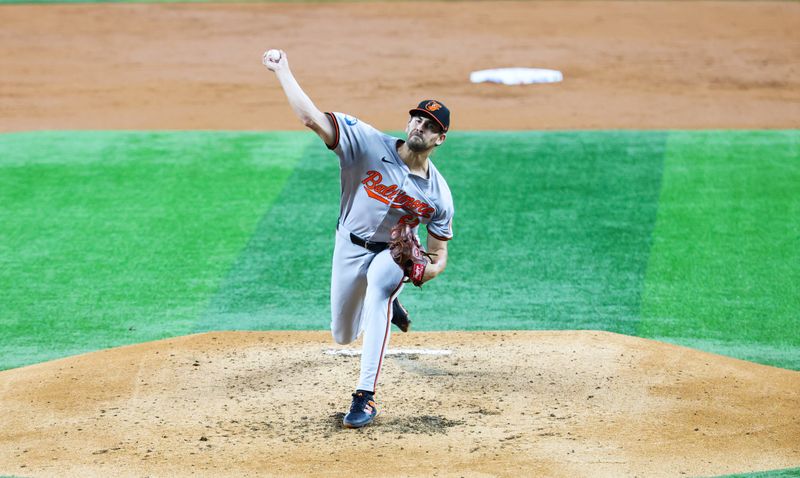 Jul 21, 2024; Arlington, Texas, USA;  Baltimore Orioles starting pitcher Dean Kremer (64) throws during the game against the Texas Rangers at Globe Life Field. Mandatory Credit: Kevin Jairaj-USA TODAY Sports