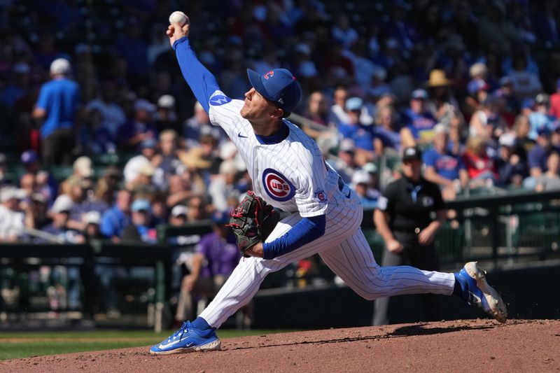 Feb 21, 2026; Mesa, Arizona, USA; Chicago Cubs assistant pitching coach Casey Jacobson (86) throws against the Texas Rangers in the second inning at Sloan Park. Mandatory Credit: Rick Scuteri-Imagn Images