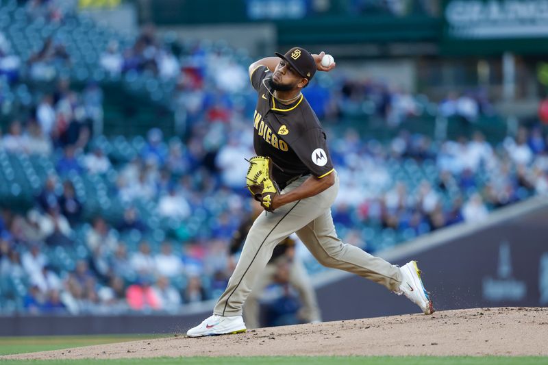 May 7, 2024; Chicago, Illinois, USA; San Diego Padres starting pitcher Randy Vasquez (98) delivers a pitch against the Chicago Cubs during the first inning at Wrigley Field. Mandatory Credit: Kamil Krzaczynski-USA TODAY Sports