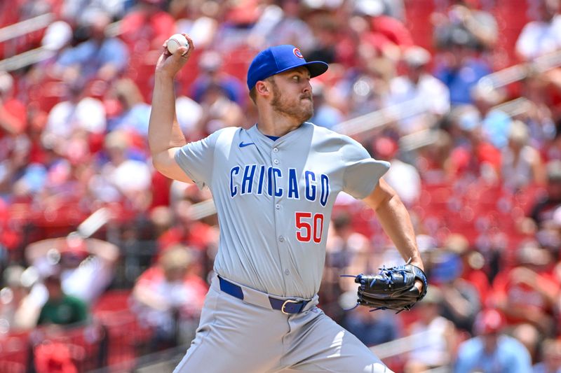 Jul 14, 2024; St. Louis, Missouri, USA;  Chicago Cubs starting pitcher Jameson Taillon (50) pitches against the St. Louis Cardinals during the first inning at Busch Stadium. Mandatory Credit: Jeff Curry-USA TODAY Sports