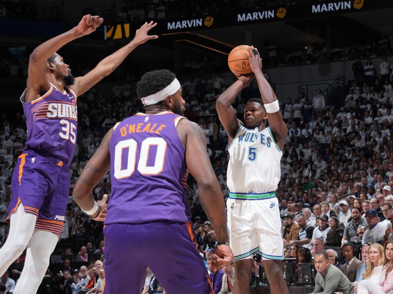 MINNEAPOLIS, MN -  APRIL 20: Anthony Edwards #5 of the Minnesota Timberwolves shoots the ball during Round One Game One of the 2024 NBA Playoffs against the Phoenix Suns on April 20, 2024 at Target Center in Minneapolis, Minnesota. NOTE TO USER: User expressly acknowledges and agrees that, by downloading and or using this Photograph, user is consenting to the terms and conditions of the Getty Images License Agreement. Mandatory Copyright Notice: Copyright 2024 NBAE (Photo by Jordan Johnson/NBAE via Getty Images)