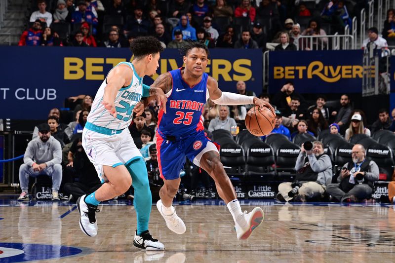 DETROIT, MI - JANUARY 3: Marcus Sasser #25 of the Detroit Pistons dribbles the ball during the game against the Charlotte Hornets on January 3, 2025 at Little Caesars Arena in Detroit, Michigan. NOTE TO USER: User expressly acknowledges and agrees that, by downloading and/or using this photograph, User is consenting to the terms and conditions of the Getty Images License Agreement. Mandatory Copyright Notice: Copyright 2025 NBAE (Photo by Chris Schwegler/NBAE via Getty Images)