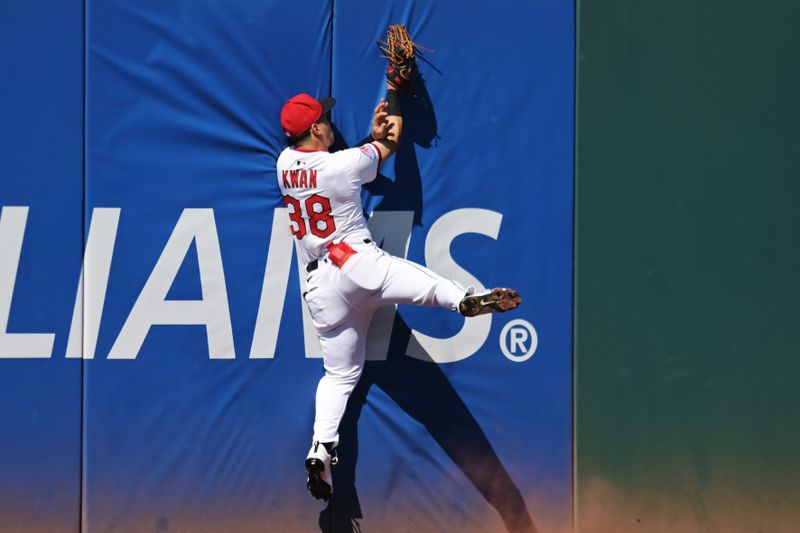 Sep 14, 2025; Cleveland, Ohio, USA; Cleveland Guardians left fielder Steven Kwan (38) catches a ball hit by Chicago White Sox left fielder Will Robertson (not pictured) during the second inning at Progressive Field. Mandatory Credit: Ken Blaze-Imagn Images