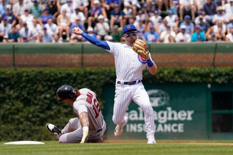 Jul 15, 2023; Chicago, Illinois, USA; Chicago Cubs shortstop Nico Hoerner (2) forces out Boston Red Sox center fielder Jarren Duran (16) at second base then throw to first base to complete a double play during the third inning at Wrigley Field. Mandatory Credit: David Banks-USA TODAY Sports