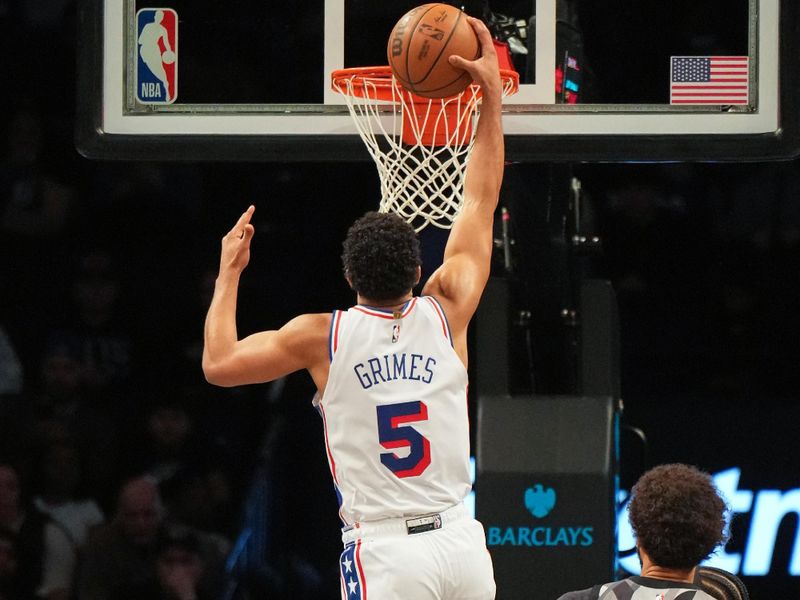 BROOKLYN, NY - FEBRUARY 12: Quentin Grimes #5 of the Philadelphia 76ers drives to the basket during the game against the Brooklyn Nets on February 12, 2025 at Barclays Center in Brooklyn, New York. NOTE TO USER: User expressly acknowledges and agrees that, by downloading and or using this Photograph, user is consenting to the terms and conditions of the Getty Images License Agreement. Mandatory Copyright Notice: Copyright 2025 NBAE (Photo by Jesse D. Garrabrant/NBAE via Getty Images)