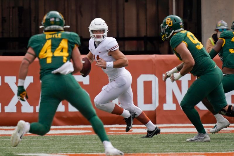 Oct 24, 2020; Austin, Texas, USA; Texas Longhorns quarterback Sam Ehlinger (11) looks to pass in the first quarter of the game against the Baylor Bears at Darrell K Royal-Texas Memorial Stadium. Mandatory Credit: Scott Wachter-USA TODAY Sports