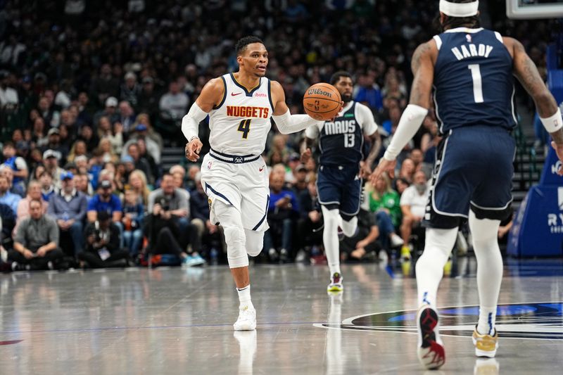 DALLAS, TX - JANUARY 12: Russell Westbrook #4 of the Denver Nuggets dribbles the ball during the game against the Dallas Mavericks on January 12, 2025 at American Airlines Center in Dallas, Texas. NOTE TO USER: User expressly acknowledges and agrees that, by downloading and or using this photograph, User is consenting to the terms and conditions of the Getty Images License Agreement. Mandatory Copyright Notice: Copyright 2025 NBAE (Photo by Glenn James/NBAE via Getty Images)