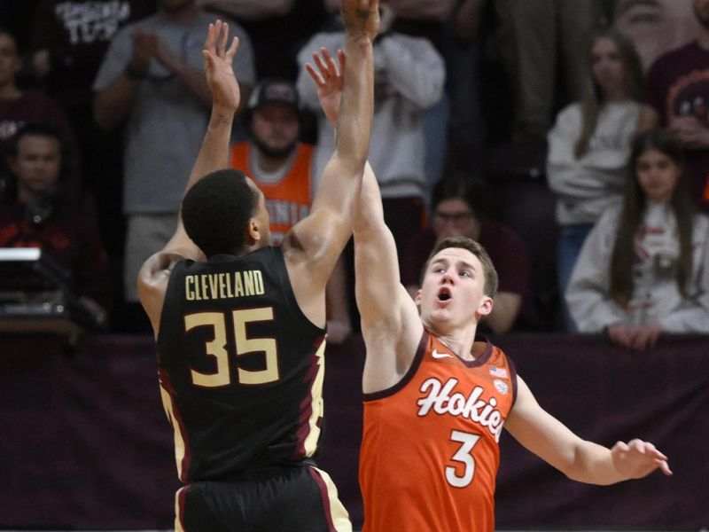 Mar 4, 2023; Blacksburg, Virginia, USA; Florida State Seminoles guard Matthew Cleveland (35) shoots the ball over Virginia Tech Hokies guard Sean Pedulla (3) in the second half at Cassell Coliseum. Mandatory Credit: Lee Luther Jr.-USA TODAY Sports