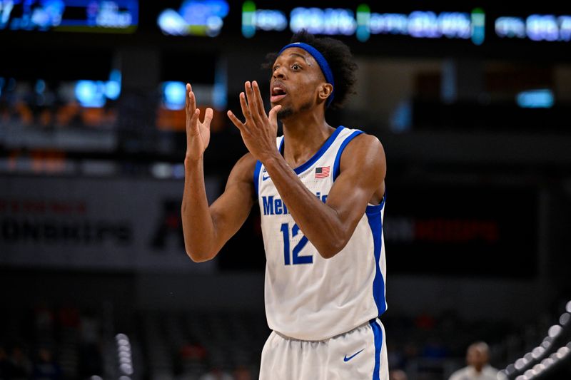 Mar 11, 2023; Fort Worth, TX, USA; Memphis Tigers forward DeAndre Williams (12) reacts to a foul call during the second half against the Tulane Green Wave at Dickies Arena. Mandatory Credit: Jerome Miron-USA TODAY Sports