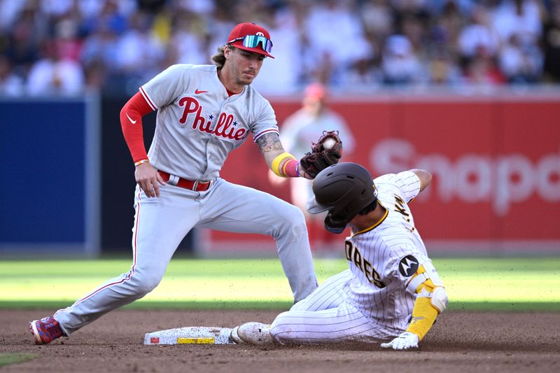 Sep 4, 2023; San Diego, California, USA; San Diego Padres third baseman Ha-seong Kim (7) slides into second base safely ahead of the tag by Philadelphia Phillies second baseman Bryson Stott (5) during the third inning at Petco Park. Mandatory Credit: Orlando Ramirez-USA TODAY Sports