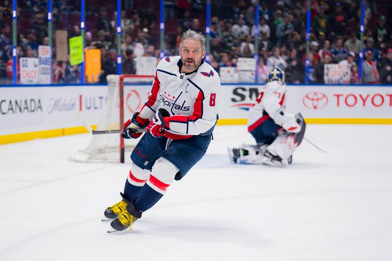 Mar 16, 2024; Vancouver, British Columbia, CAN; Washington Capitals forward Alex Ovechkin (8) skates during warm up prior to a game against the Vancouver Canucks at Rogers Arena.  Mandatory Credit: Bob Frid-USA TODAY Sports