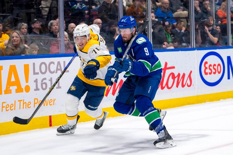 Jan 3, 2025; Vancouver, British Columbia, CAN; Vancouver Canucks forward J.T. Miller (9) battles with Nashville Predators defenseman Brady Skjei (76) in the second period at Rogers Arena. Mandatory Credit: Bob Frid-Imagn Images