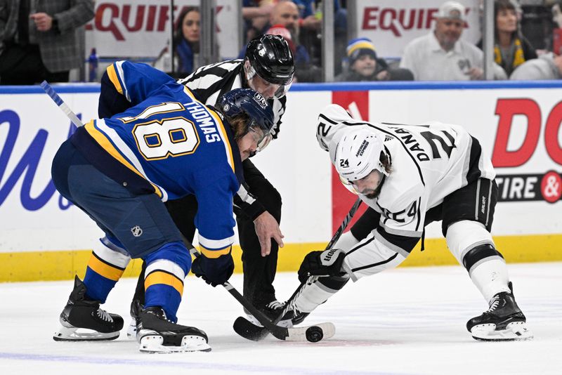 Jan 28, 2024; St. Louis, Missouri, USA; Los Angeles Kings center Phillip Danault (24) takes the face off against St. Louis Blues center Robert Thomas (18) during the first period at Enterprise Center. Mandatory Credit: Jeff Le-USA TODAY Sports