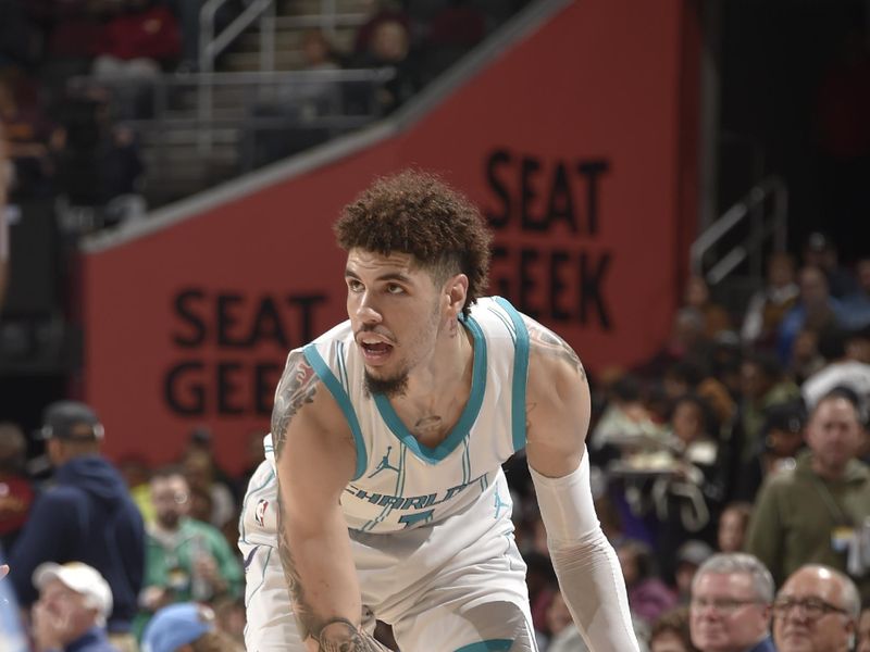 CLEVELAND, OH - NOVEMBER 17: LaMelo Ball #1 of the Charlotte Hornets dribbles the ball during the game against the Cleveland Cavaliers on November 17, 2024 at Rocket Mortgage FieldHouse in Cleveland, Ohio. NOTE TO USER: User expressly acknowledges and agrees that, by downloading and/or using this Photograph, user is consenting to the terms and conditions of the Getty Images License Agreement. Mandatory Copyright Notice: Copyright 2024 NBAE (Photo by David Liam Kyle/NBAE via Getty Images)