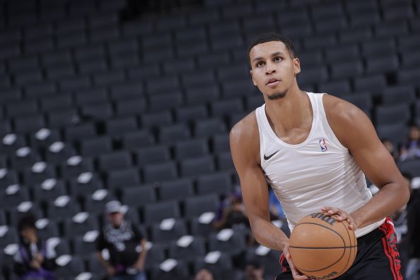 SACRAMENTO, CA - NOVEMBER 8: Kris Murray #8 of the Portland Trail Blazers warms up before the game the game against the Sacramento Kings on NOVEMBER 8, 2023 at Golden 1 Center in Sacramento, California. NOTE TO USER: User expressly acknowledges and agrees that, by downloading and or using this Photograph, user is consenting to the terms and conditions of the Getty Images License Agreement. Mandatory Copyright Notice: Copyright 2023 NBAE (Photo by Rocky Widner/NBAE via Getty Images)