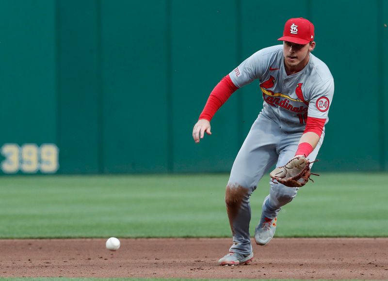 Jul 2, 2024; Pittsburgh, Pennsylvania, USA;  St. Louis Cardinals second baseman Nolan Gorman (16) fields a ground ball for an out against Pittsburgh Pirates shortstop Oneil Cruz (not pictured) during the sixth inning at PNC Park. Mandatory Credit: Charles LeClaire-USA TODAY Sports