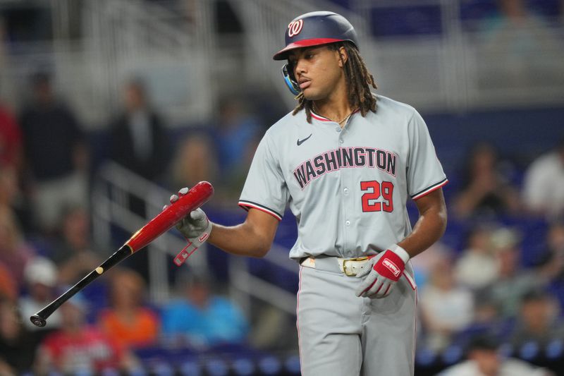 Sep 3, 2024; Miami, Florida, USA;  Washington Nationals left fielder James Wood (29) walks in the fourth inning against the Miami Marlins at loanDepot Park. Mandatory Credit: Jim Rassol-Imagn Images.