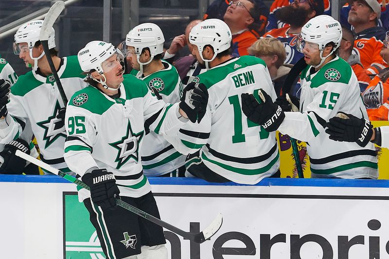 Nov 2, 2023; Edmonton, Alberta, CAN; The Dallas Stars celebrate a goal by forward Matt Duchene (95) during the first period against the Edmonton Oilers at Rogers Place. Mandatory Credit: Perry Nelson-USA TODAY Sports