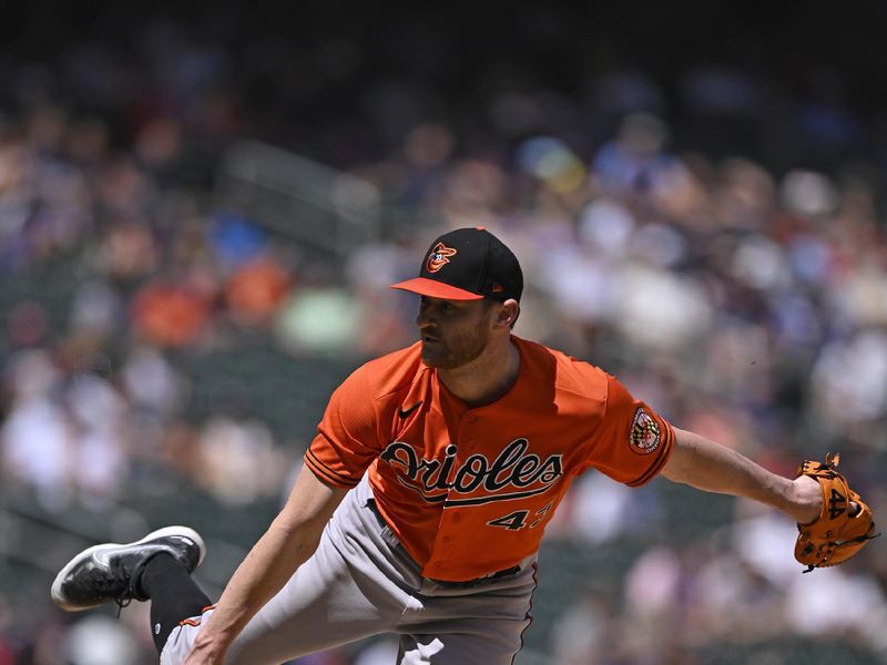 Jul 8, 2023; Minneapolis, Minnesota, USA;  Baltimore Orioles pitcher Bryan Baker (43) delivers a pitch against the Minnesota Twins during the eighth inning at Target Field. Mandatory Credit: Nick Wosika-USA TODAY Sports