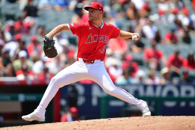 May 26, 2024; Anaheim, California, USA; Los Angeles Angels pitcher Reid Detmers (48) throws against the Cleveland Guardians during the third inning at Angel Stadium. Mandatory Credit: Gary A. Vasquez-USA TODAY Sports