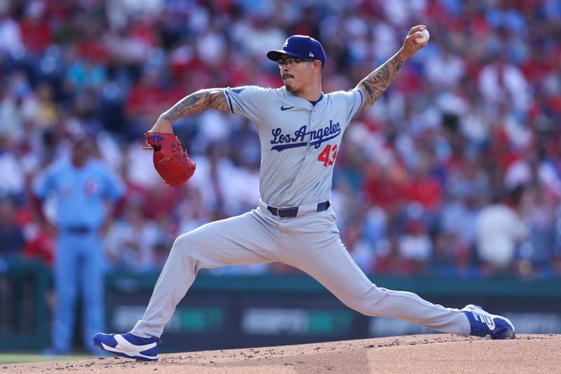 Jul 11, 2024; Philadelphia, Pennsylvania, USA; Los Angeles Dodgers pitcher Anthony Banda (43) throws a pitch during the first inning against the Philadelphia Phillies at Citizens Bank Park. Mandatory Credit: Bill Streicher-USA TODAY Sports