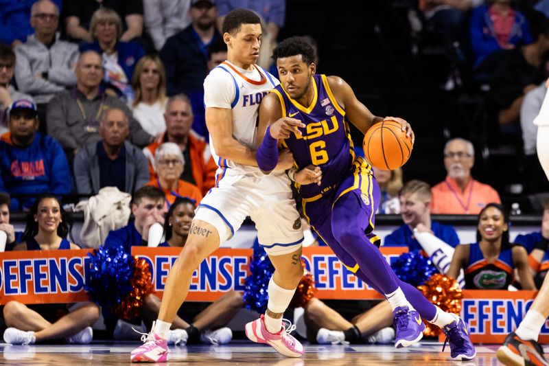 Feb 13, 2024; Gainesville, Florida, USA; LSU Tigers guard Jordan Wright (6) posts up against Florida Gators guard Riley Kugel (2) during the second half at Exactech Arena at the Stephen C. O'Connell Center. Mandatory Credit: Matt Pendleton-USA TODAY Sports