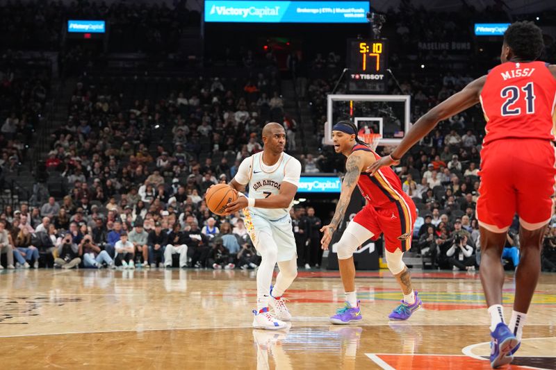 SAN ANTONIO, TX - DECEMBER 8: Chris Paul #3 of the San Antonio Spurs looks to pass the ball during the game against the New Orleans Pelicans on December 8, 2024 at the Frost Bank Center in San Antonio, Texas. NOTE TO USER: User expressly acknowledges and agrees that, by downloading and or using this photograph, user is consenting to the terms and conditions of the Getty Images License Agreement. Mandatory Copyright Notice: Copyright 2024 NBAE (Photos by Jesse D. Garrabrant/NBAE via Getty Images)