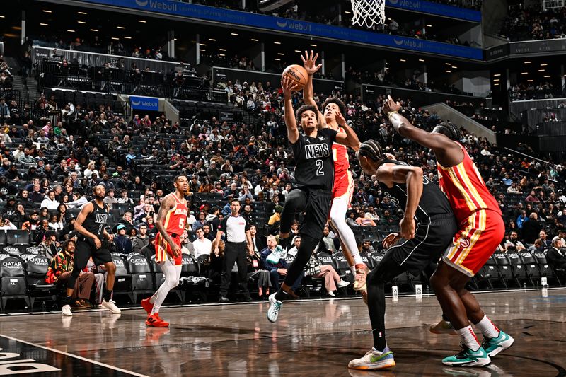 BROOKLYN, NY - FEBRUARY 29: Cameron Johnson #2 of the Brooklyn Nets shoots the ball during the game against the Atlanta Hawks  on February 29, 2024 at Barclays Center in Brooklyn, New York. NOTE TO USER: User expressly acknowledges and agrees that, by downloading and or using this Photograph, user is consenting to the terms and conditions of the Getty Images License Agreement. Mandatory Copyright Notice: Copyright 2024 NBAE (Photo by David Dow/NBAE via Getty Images)